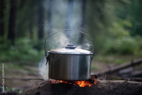 A camping kettle hangs over a fire in the forest in summer. Active holidays on vacation. AI generated.