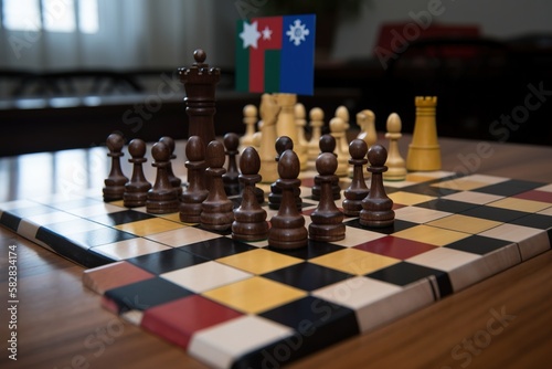 Political board intellectual game chess with country flags. Hobbies and mind development. AI generated.