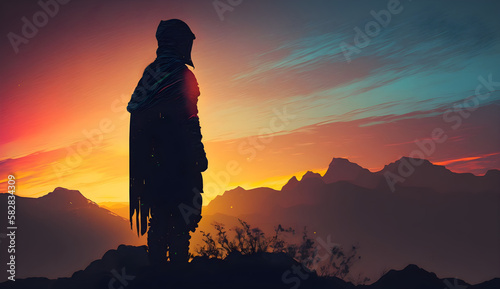 A dark silhouette of a masked man on a hill  against the backdrop of a sunset in the mountains. A colorful sunset and a beautiful sky. An epic shot.