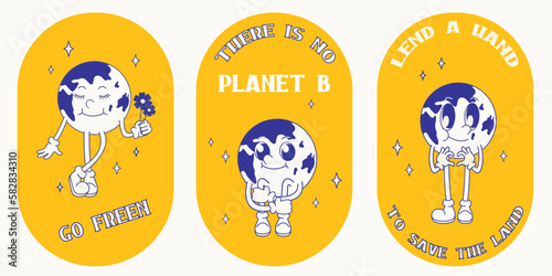 Save the planet stickers in trendy retro cartoon style. World Environment Day. Cute Earth character and mascot.