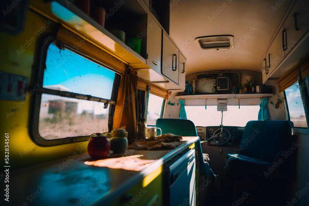 Interior of motor home trailer car van, kitchen table, sofa chairs. Generative AI Interior of motor home trailer car van, kitchen table, sofa chairs. Generative AI