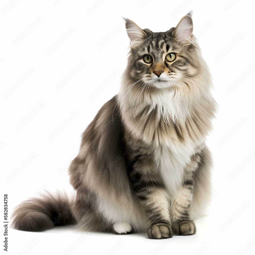 An isolated elegant Norwegian Forest cat on white background Generative AI