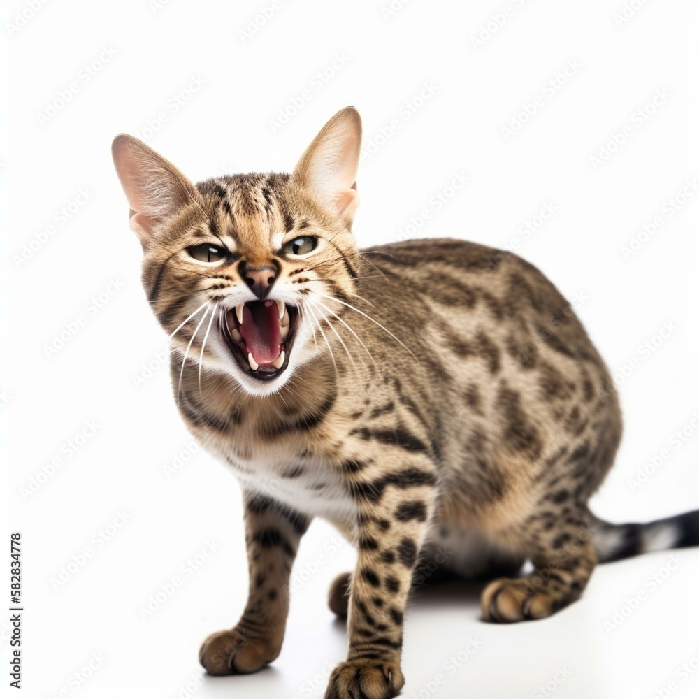 An isolated playful Savannah cat on white background Generative AI An isolated playful Savannah cat on white background Generative AI
