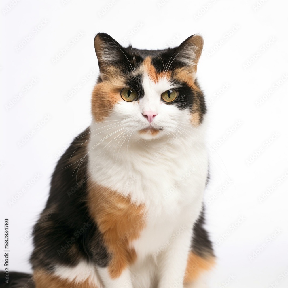 An isolated mischievous calico cat on white background Generative AI