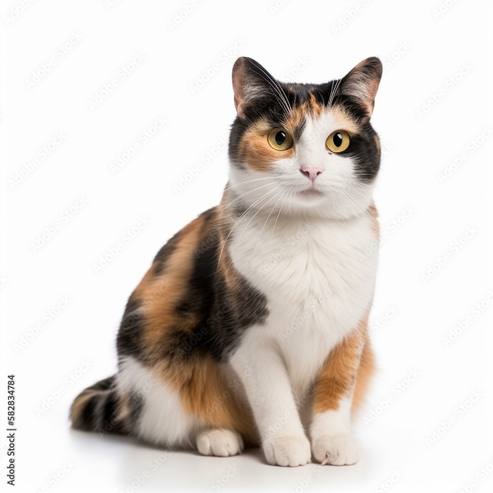 An isolated mischievous calico cat on white background Generative AI