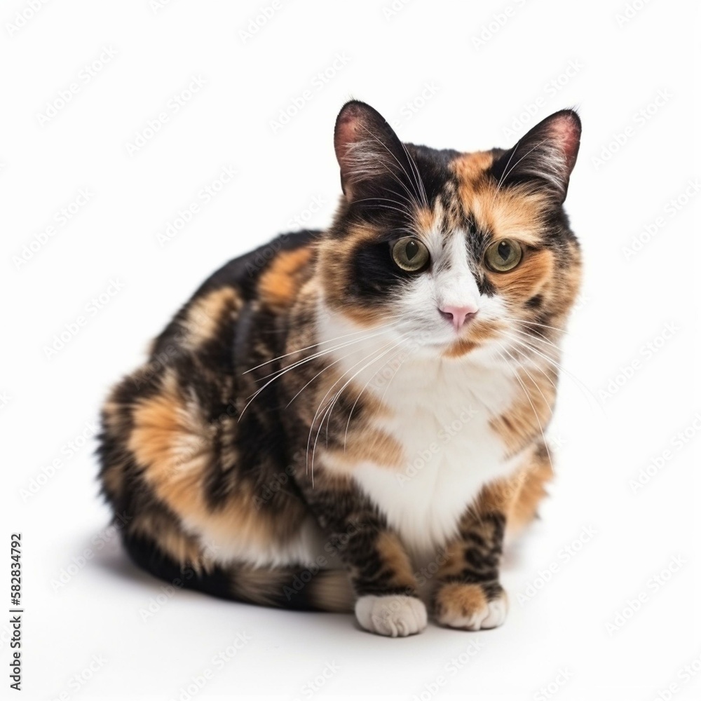Fototapeta premium An isolated beautiful Tortoiseshell cat on white background Generative AI