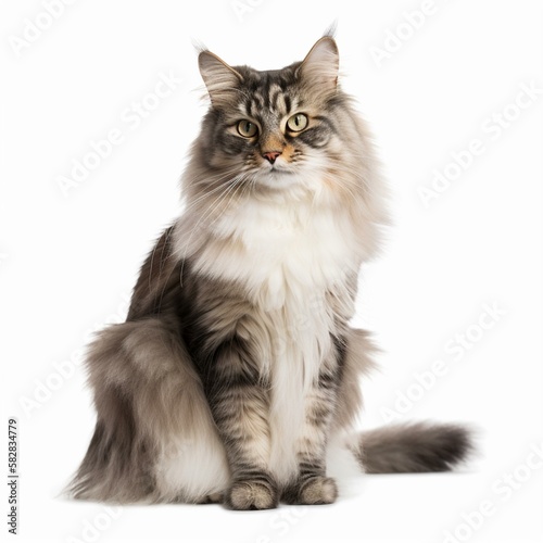 An isolated elegant Norwegian Forest cat on white background Generative AI