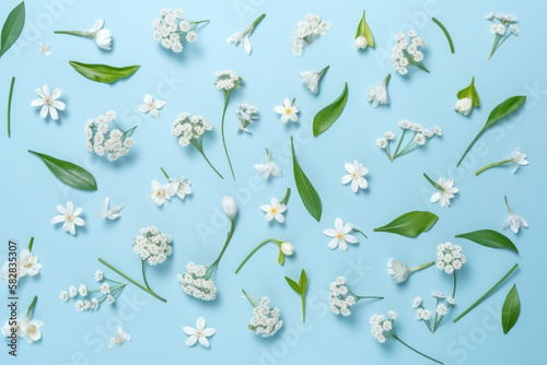 Beautiful white flowers on a blue background. Generative AI