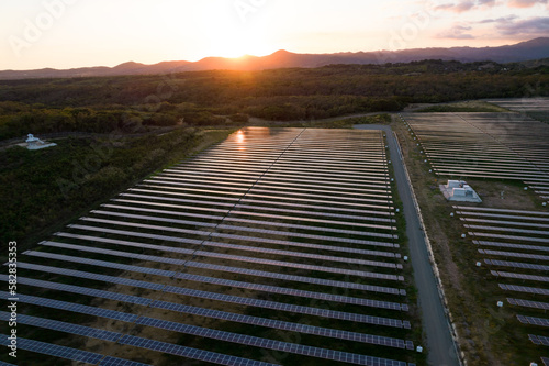 Sunset in solar farm