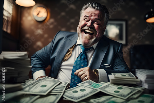Happy smiling laughing rich businessman in a business suit lies on a pile of gold coins. Success business concept. Generative AI photo