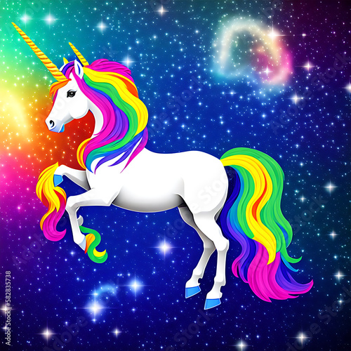 A white unicorn with rainbow colored horsehair standing in the universe. Generative AI © Daniel Jose Queralto