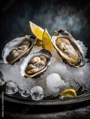 Oysters platter with lemon and ice served.