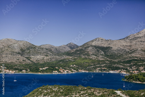 Landscape of the Adriatic Sea  mountains with clouds  sky  rocks on a sunny day. Dalmatia  Croatia.