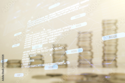 Double exposure of abstract programming language interface on growing stacks of coins background, research and development concept