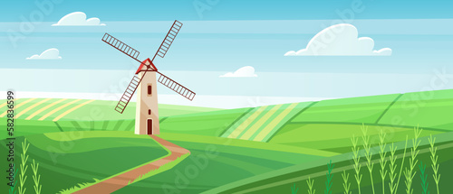 Cartoon cute sunny rural spring scene with country road to silo tower with wind turbine generator, countryside path through wheat green fields. Farm windmill in village landscape vector illustration.