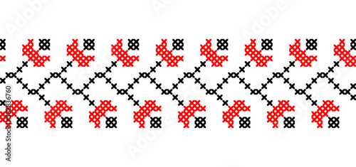 Ukrainian floral vector border pattern, ornament, print. Ukrainian folk, ethnic embroidery border pattern in red and black colors. Pixel art, vyshyvanka, cross stitch