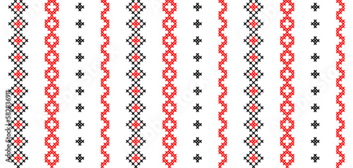 Ukrainian modern striped pattern. Vector seamless pattern for textile, fabric, cloth. Modern ukrainian folk, ethnic ornament in red and black. Pixel art, vyshyvanka, cross stitch