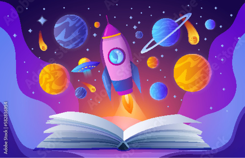 Open magic book with fantasy outer space, education, science and reading concept vector illustration. Cartoon rocket spaceship, stars and planets of universe flying over interesting books pages