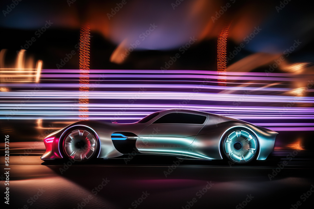 Illustration of a futuristic racing supercar in the city with long exposure creating light trails. Concept of sports car racing video game..Generative AI	
