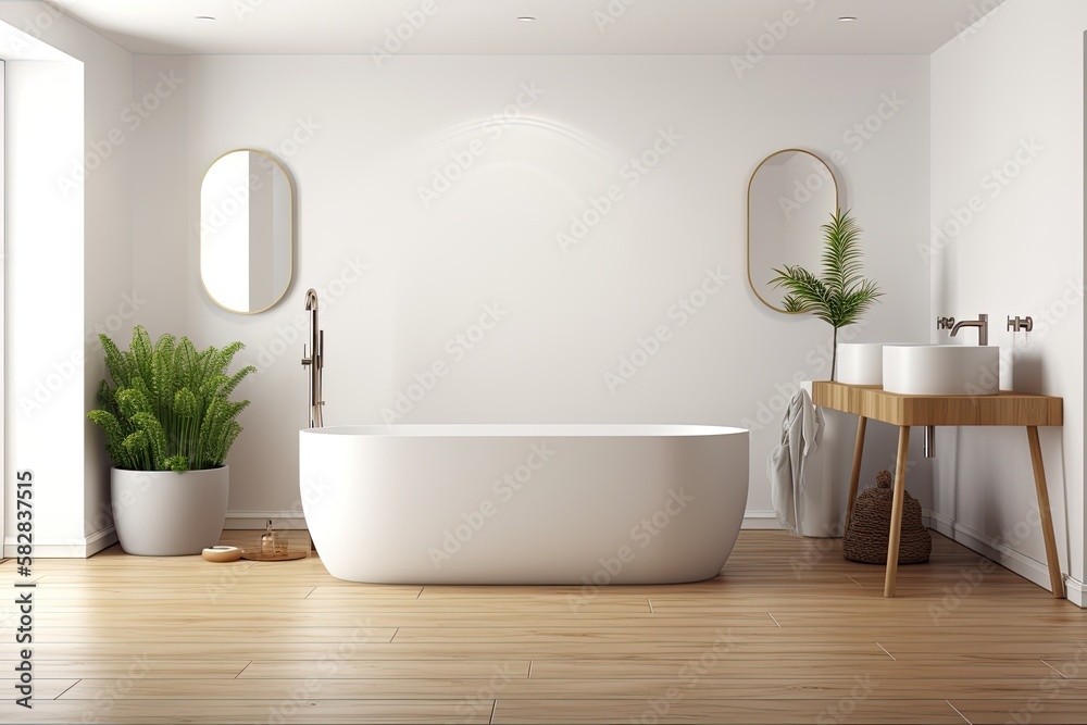 Fototapeta premium Interior of bathroom with bathtub and two sinks, deck mounted soap and gel dispenser, towel rack, and large plant in pot on parquet floor. blank space for wall copy,. Generative AI