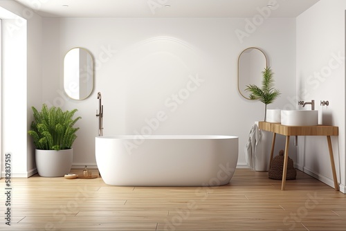 Interior of bathroom with bathtub and two sinks  deck mounted soap and gel dispenser  towel rack  and large plant in pot on parquet floor. blank space for wall copy . Generative AI