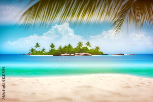 Sunny tropical beach with palm trees and turquoise water on summer day, island vacation, generative ai illustration, summer holiday