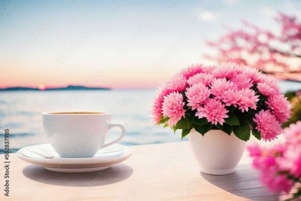 A mug with coffee on a table with pink flowers, a tropical island in the background of the sea, Generative AI. A mug with coffee on a table with pink flowers, a tropical island in the background of the sea, Generative AI.