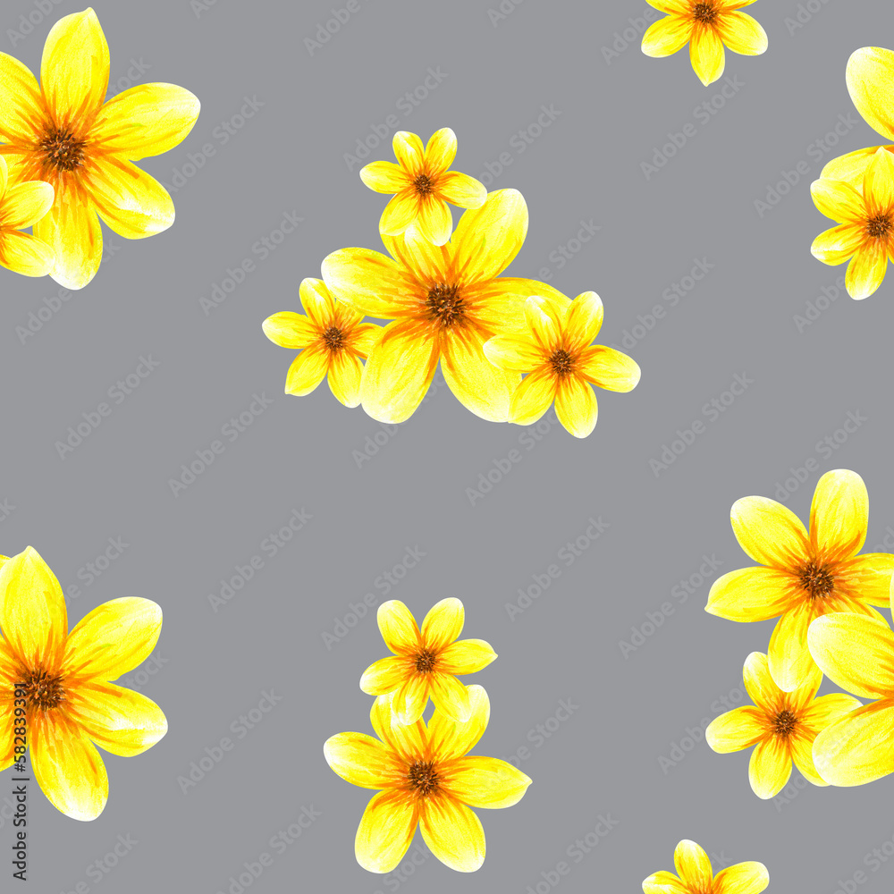 Seamless pattern with flowers. Watercolor abstract bright summer yellow flowers. Isolated objects on grey background