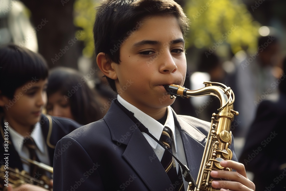 Obraz premium Boy playing saxophone at school concert outdoors. Generative AI