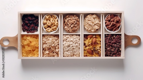 Top view of boxes with different types of cereals and nuts. Nutrition and health care concept. Generative AI