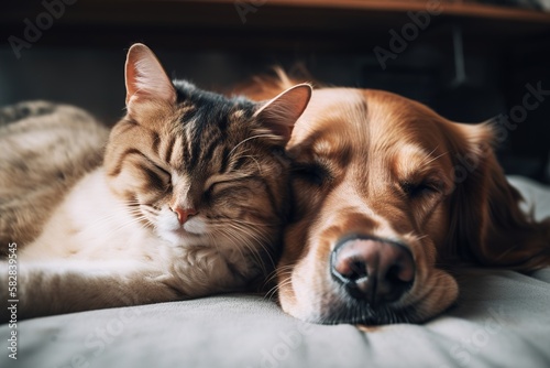 Cute close up shot of dog and cat napping together. Generative AI