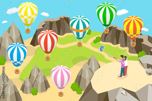 3D Isometric Flat Vector Conceptual Illustration of Cappadocia Rocks, Turkey, Beautiful Landscape with Flying Hot Air Balloons