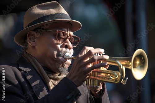 Man playing trumpet in Jazz outdoors concert. Generative AI