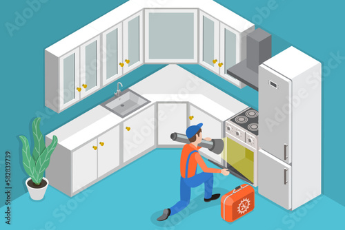 3D Isometric Flat Vector Conceptual Illustration of Repairman, Repair Support Service