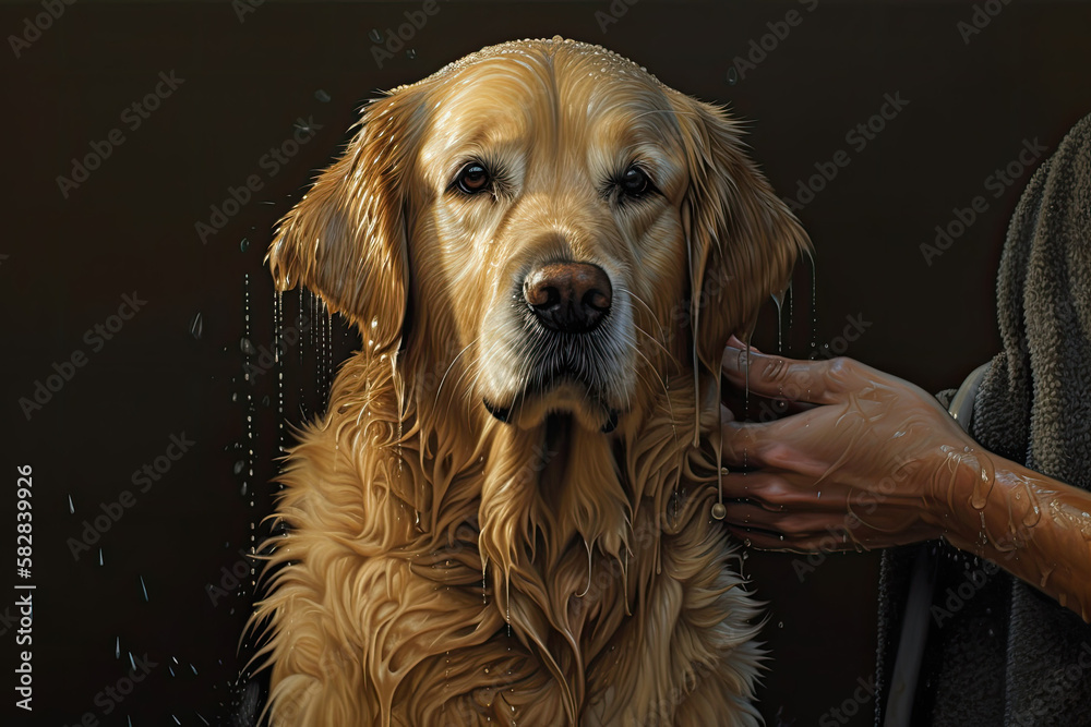 The dog sitting in a soap bubbles on black background. Golden Retriever bathes with bath accessories. Generative AI