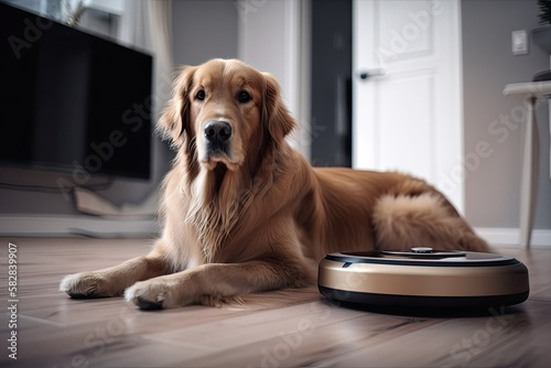 Golden Retriever lying near robot vacuum cleaner on the floor of an apartment. Animal hair cleaning concept. Generative AI