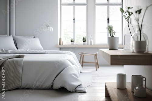 White architecture interior design with a wooden table top or shelf and minimalistic modern vases over a blurring contemporary luxury bedroom. Generative AI © AkuAku