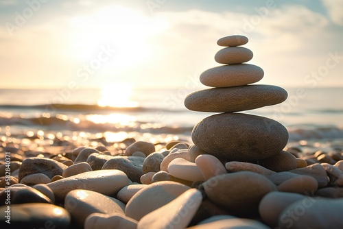Balancing stones on a pebble beach. Generative AI.