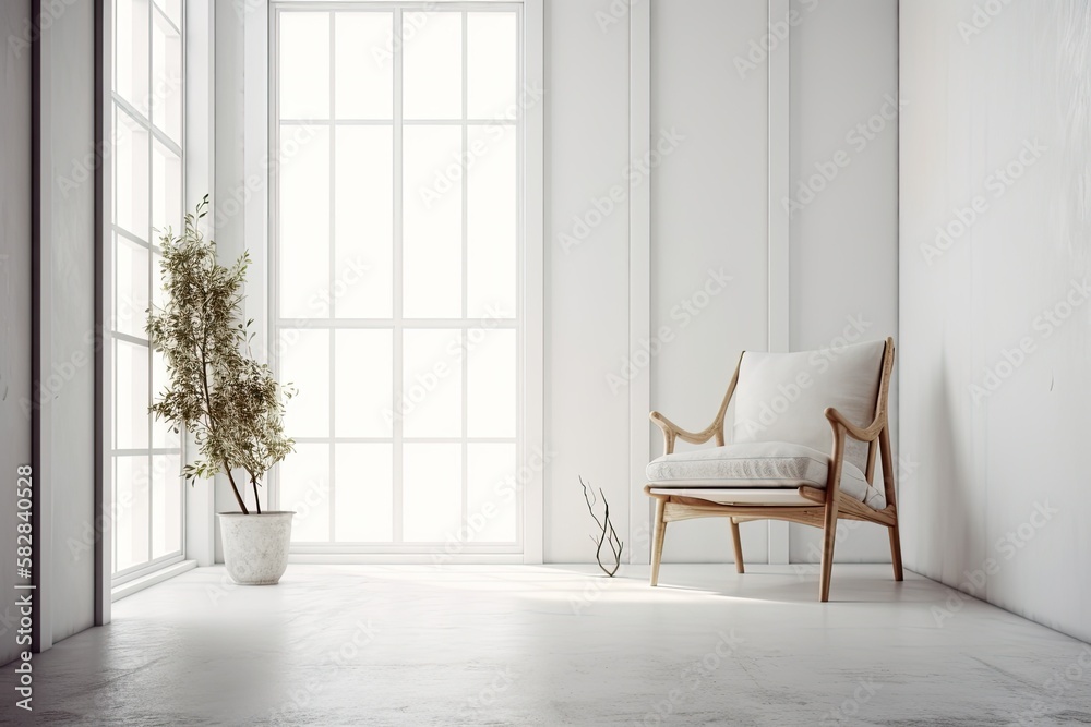 Model of a modern, white room with a chair. Scandinavian style in