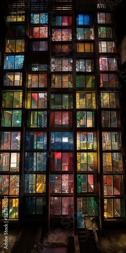Tower of various floors with dot matrix windows of various color. Generative AI.