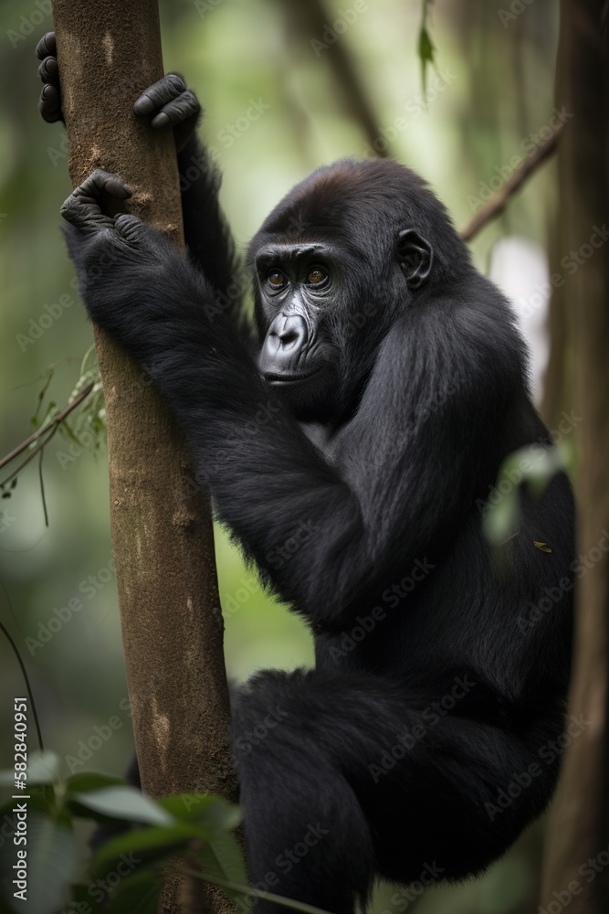 Teenager gorilla climbing on tree. Generative AI.