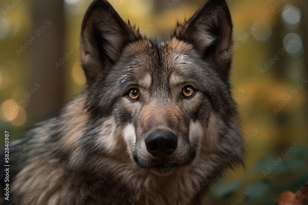 Fototapeta premium Wild beautiful grey wolf in a forest. Generative AI.