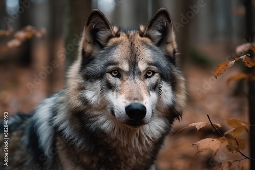 Wild beautiful grey wolf in a forest. Generative AI.