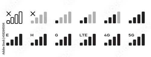 Signal reception band collection of vector illustrations. Cell phone connection level icons. No signal, bad, lte, 4g and 5g network status. 