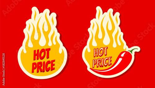 Vector stickers with chilli pepper and fire for special offer. Vector set banners with chili pepper for hot price.