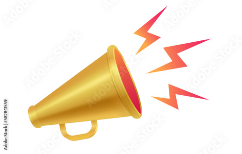 Vector icon of vintage golden megaphone for fake, breaking news or sale. Vector retro gold megaphone with lightning on white background.