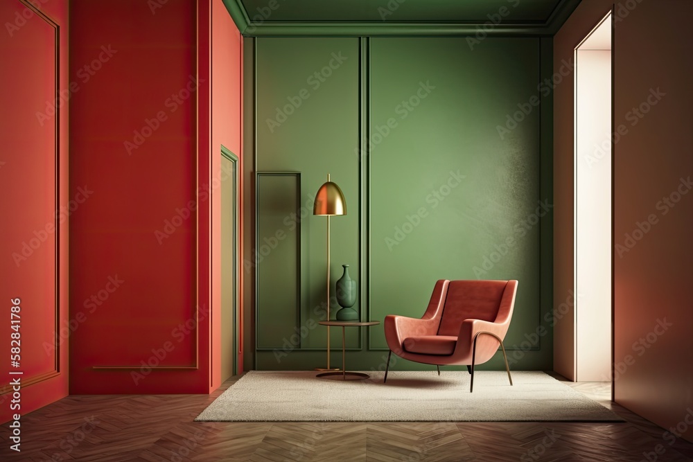 Olive painted walls in the living room with a red accent chair ...