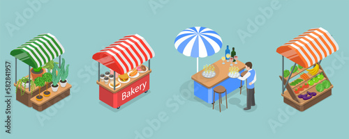 3D Isometric Flat Vector Set of Fair Kiosks, Market Stalls