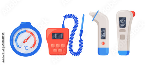 Set Of Thermometers Digital, Thermocouple, Ear And Circular Type For Measuring Thermal Expansion And Temperature Changes