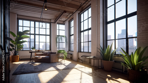 A loft style sunlit, open-concept living area with large windows, featuring cozy furniture made from sustainable materials, handwoven wool blankets, cotton cushions and complemented by plants.